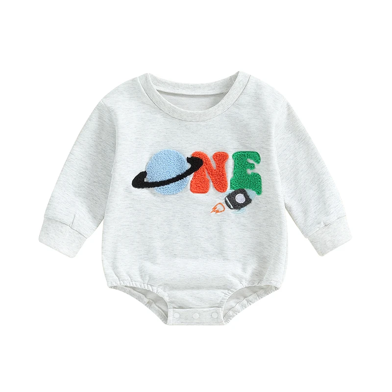 Baby Letter Planet Embroidered Romper Long Sleeve Round Neck Adorable Sweatshirt Jumpsuit