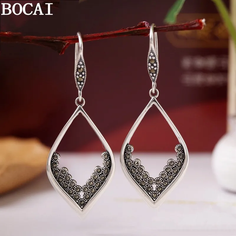 BOCAI New S925 Sterling Silver Jewelry Retro And Fashionable Inlaid With Marcel Stones Water Droplet Earrings