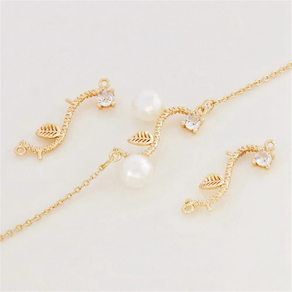 

14K Bag Gold Inlaid Zircon S-shaped Branch Double Ring Pendant DIY Pearl Empty Bracket Bracelet Necklace Connecting Accessories