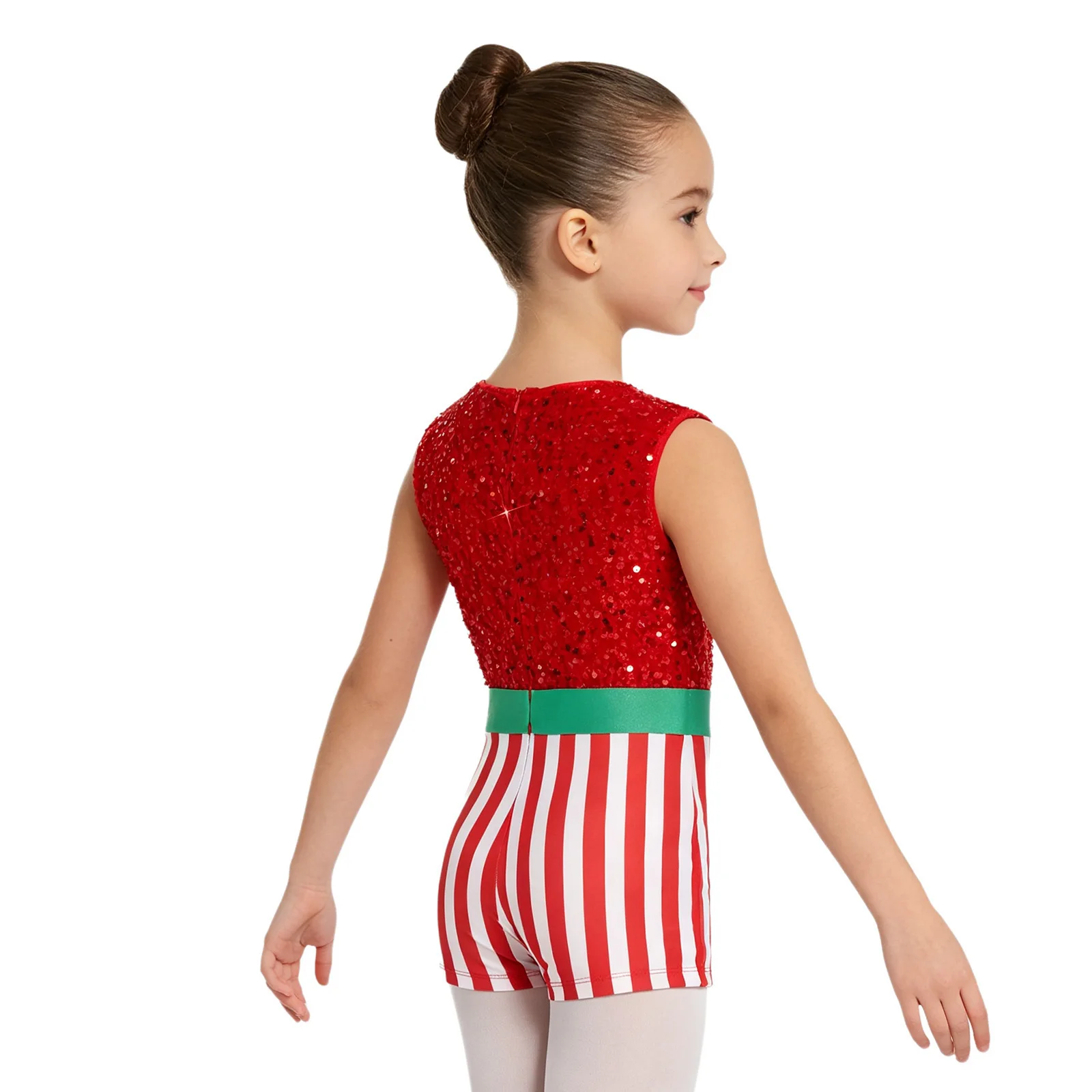 Girls Ballet Dance Leotard Christmas Candy Cane Rhythmic Gymnastics Costume Shiny Sequins Striped Bodysuit for Holiday Party