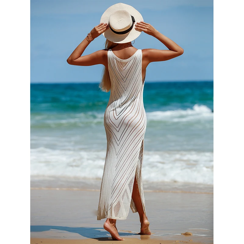 Knitted Long Beach Dress White Sleeveless Tank Top Women\'s Summer Crochet Dress Outerwear For Beach Swimsuit Cover Up Beachwear