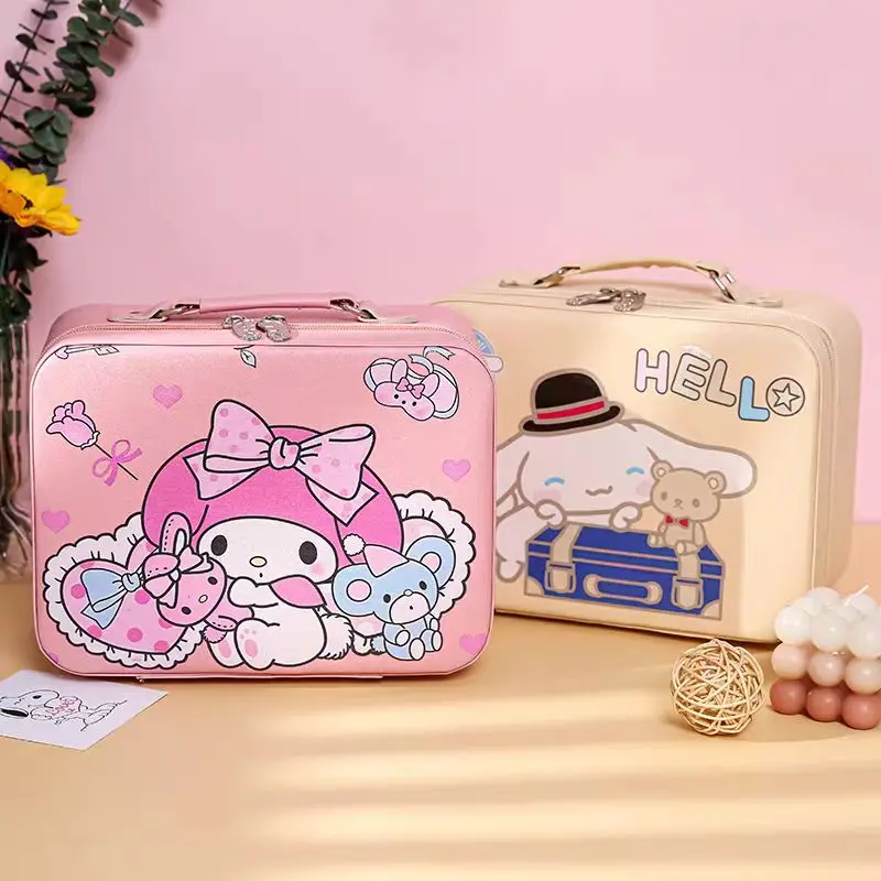 Sanrio Waterproof PU Leather Cosmetic Bag for Women Kawaii Hello Kitty My Melody Travel Toiletries Organizer Storage Makeup Up