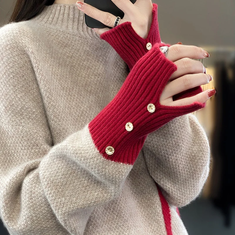 Large Size Sweater Clothing 2023 Autumn/Winter 100% Cashmere Wool Sweater Women\'s Half High Neck Knit Pullover Loose Fashion Top