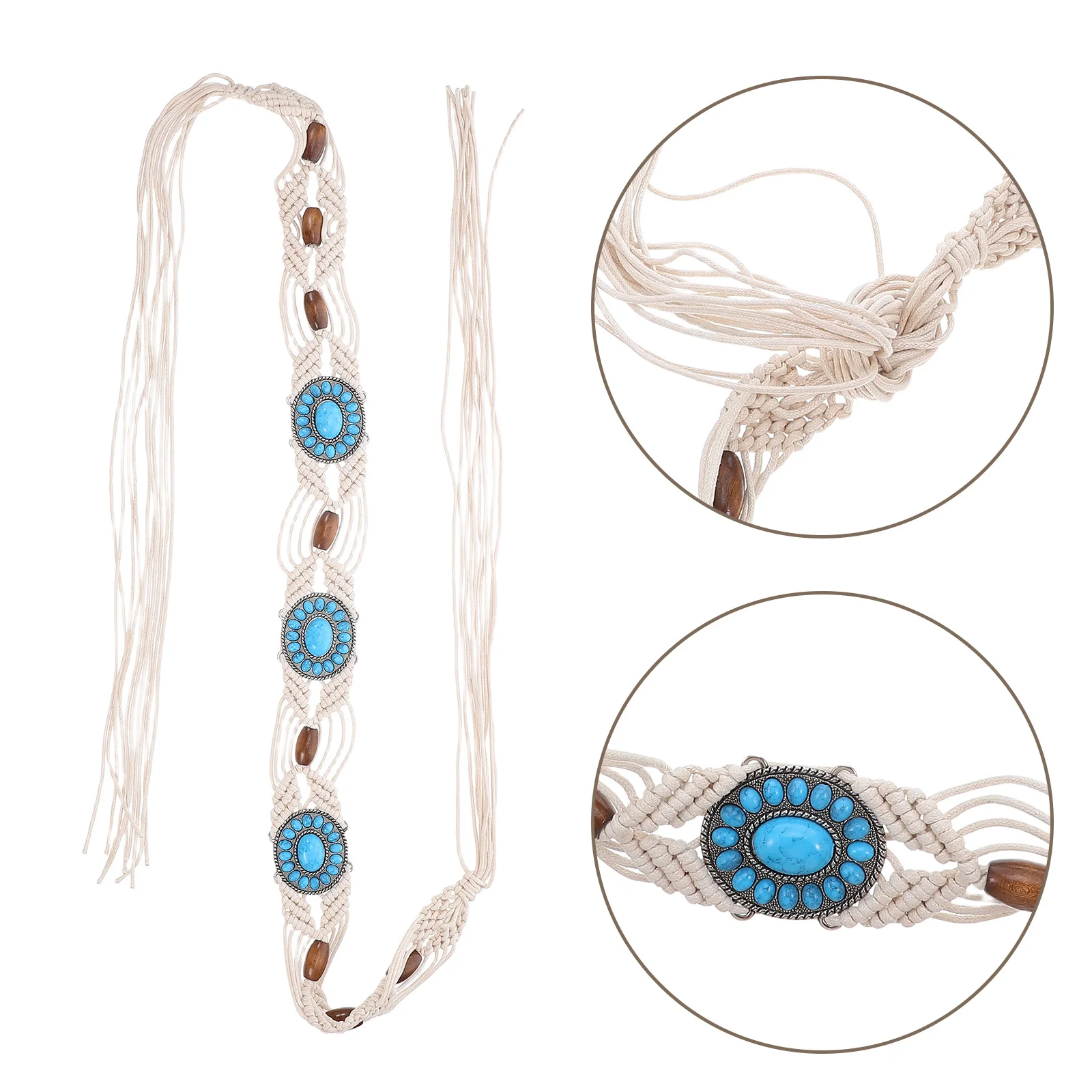 

Boho Waist Tie Ethnic Style Handmade Woven Belt Faux Turquoise Beads Adjustable For Women Festivals Beach Parties Macrame Belt