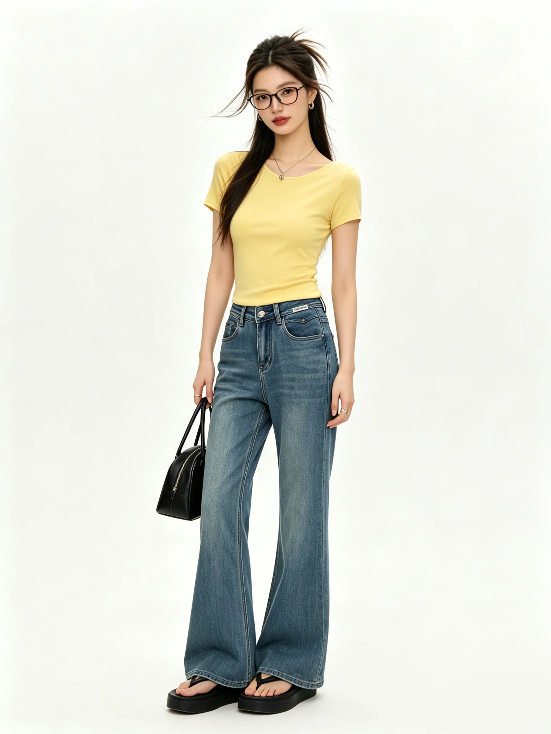 

High Waist Bell Bottom Jeans Women's Slimming Light Blue Korean Style Casual High Waist Denim Pants Standard Fit Four Seasons