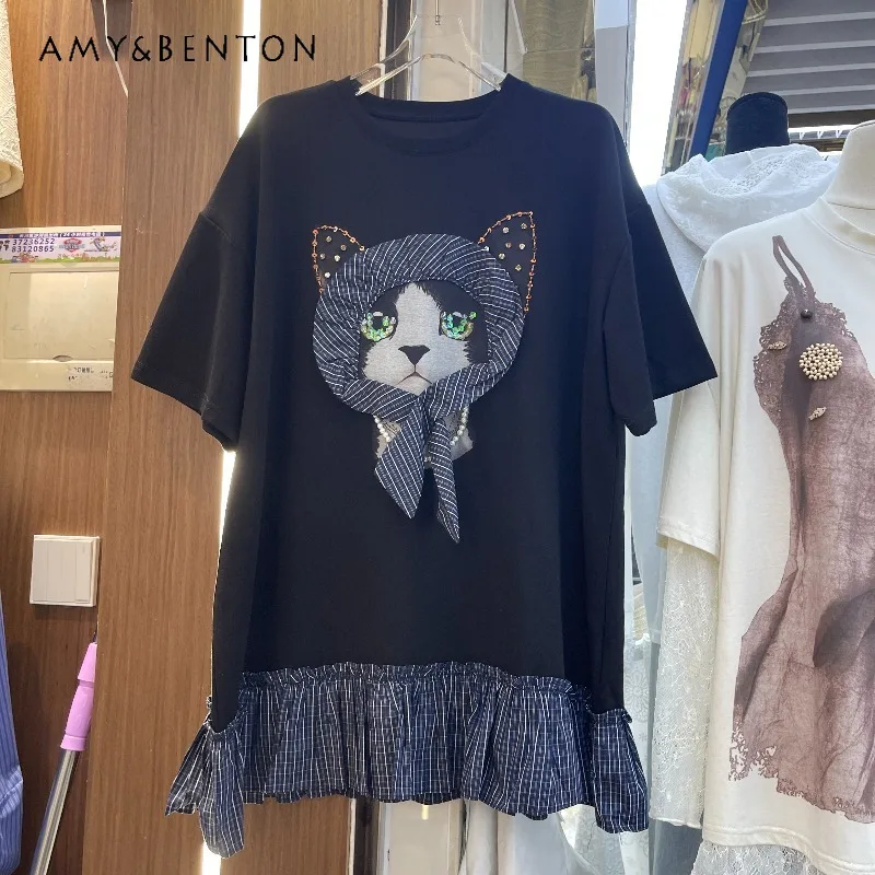 

European Style 2026 Spring New Crew Neck Tshirt Cartoon Printed Beads And Lotus Leaf Edge Casual Short Sleeves T-shirts Pullover