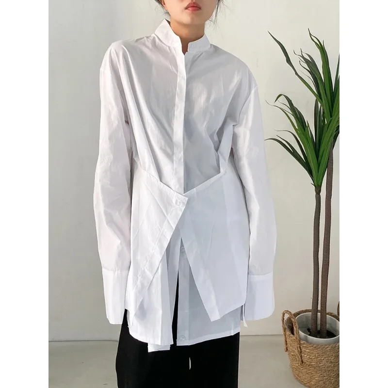 SuperAen Solid Color Long-sleeved White Shirt Irregular Multi-wearing Method Design Loose Cotton Shirt for Women