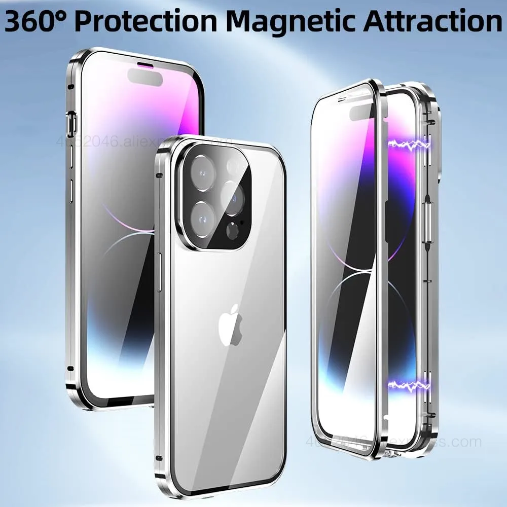 

Металлический магнитный чехол для телефона из закаленного стекла для iPhone 12, 13, 14, 15, 16 Pro Max, защитная крышка для камеры на 360 градусов с передним и задним стеклом