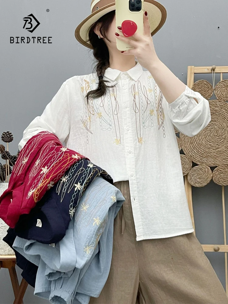 

New 2026 Spring Women Cotton Yarn Long Sleeve Shirt, Turn-down Collar Embroidery, Mori Girl Commute Thin Loose Blouse T63527CC