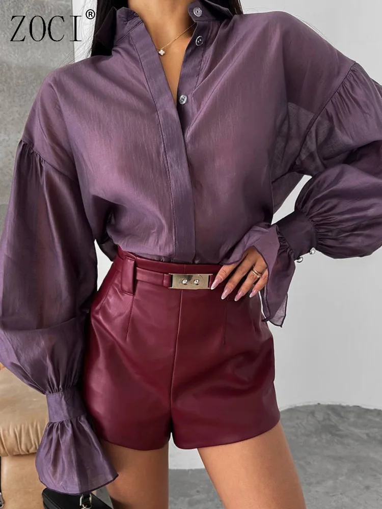 

ZOCI женские однотонные блузки с рукавами-фонариками, простые однобортные рубашки с длинными рукавами, топы с лацканами, новинка 2023 года, летняя мода