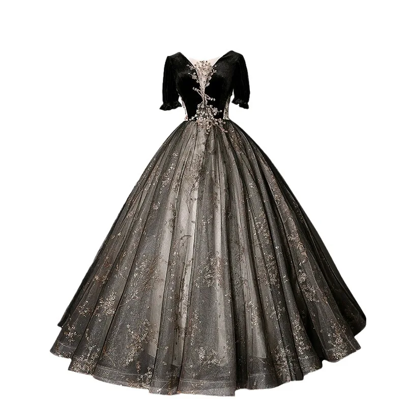 Abendkleid weibliches Bankett schwarze Prinzessin Pommel Rock Kunsttest Gesangskunst Testkleid kann normalerweise getragen werden