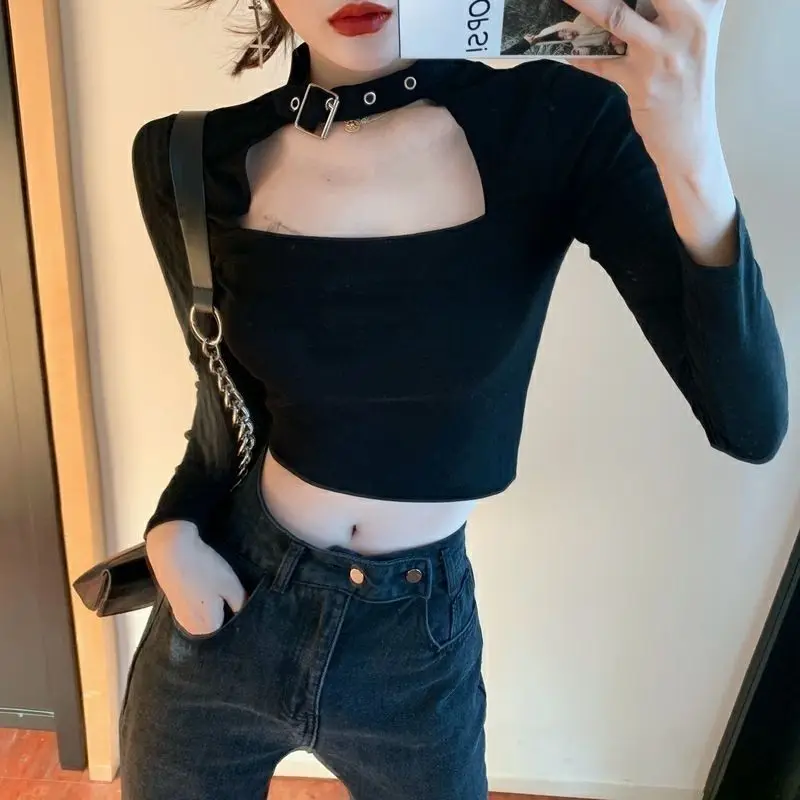 Autumn Sexy Slim Thin Top Tee Women Clothing Fashionable Bright Line Decoration Solid Color Long Sleeve Pullover Femme Crop Top