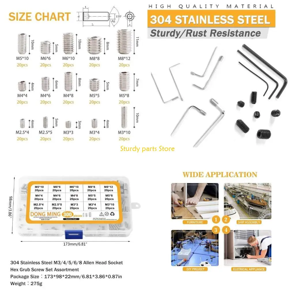 

97QC Pack of 300 Allen Socketing Head Screws Mini Screw Set 304 Stainless Steel Screw