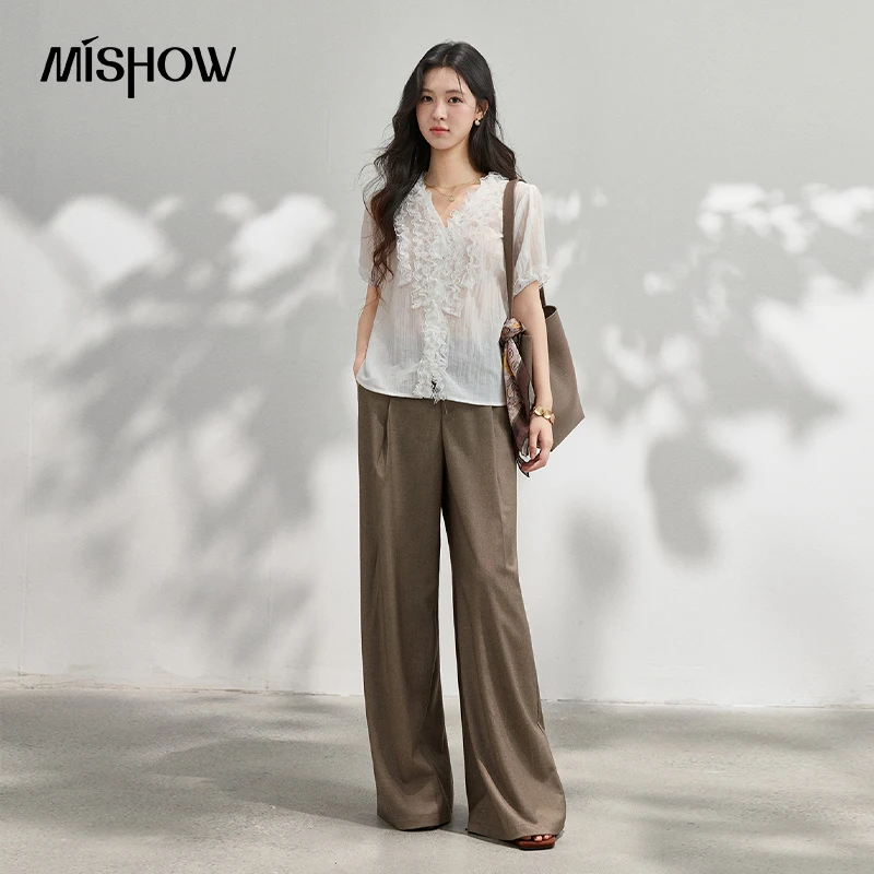 MISHOW Lace Splicing Small Shirt For Women 2026 Summer New V-Neck Air Sensing Sleeves Romantic Temperament Blouse MXF25X2660