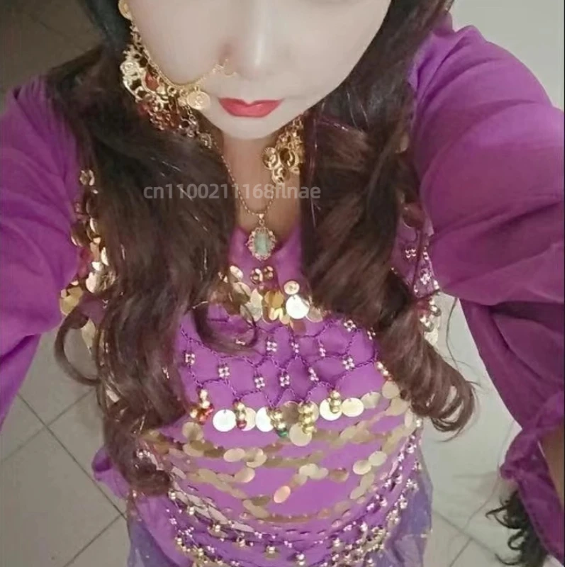 숙녀 오리엔탈 인도 댄스 아라비안 공주 의상 세트 성인 반짝 이는 밸리 댄스 세트 숙녀 스팽글 탑 + 바지 의상 세트