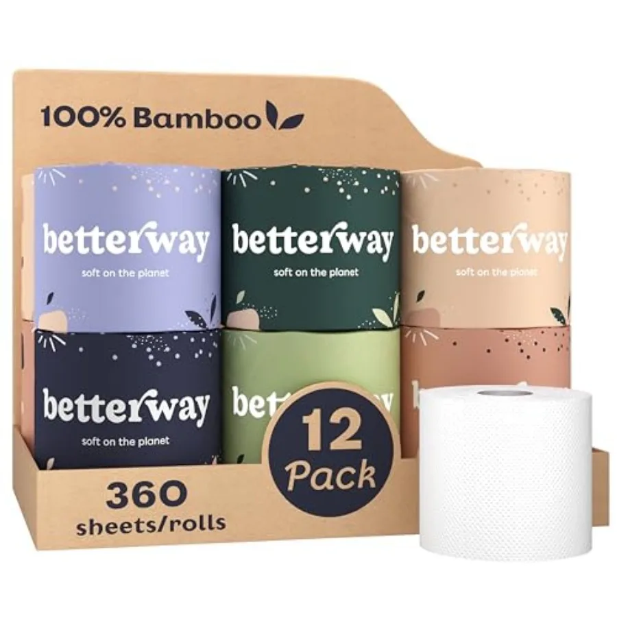 

Bamboo Toilet Paper 3 Ply - Sustainable Toilet Tissue - 12 Long-Lasting Rolls and Per Roll - Septic Safe - Organic, Plastic and