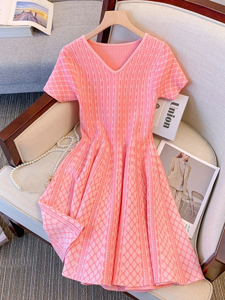 2024 Summer Small Fragrance Short Sleeve Dress Knitted Sweater Dress Women Vintage Party Mini Dress Elegant Casual Femme