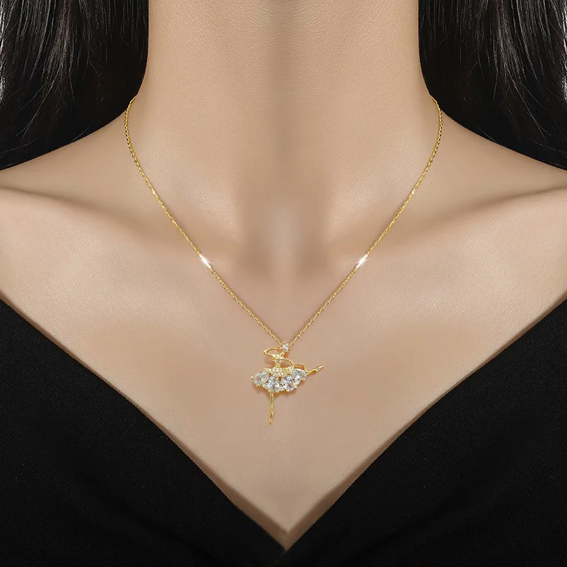 Fashionable Dancing Girl Ballerina Dancer Ballet Pendant Necklace Clear Zircon Choker Jewelry Perfect  Gift for Girls Women
