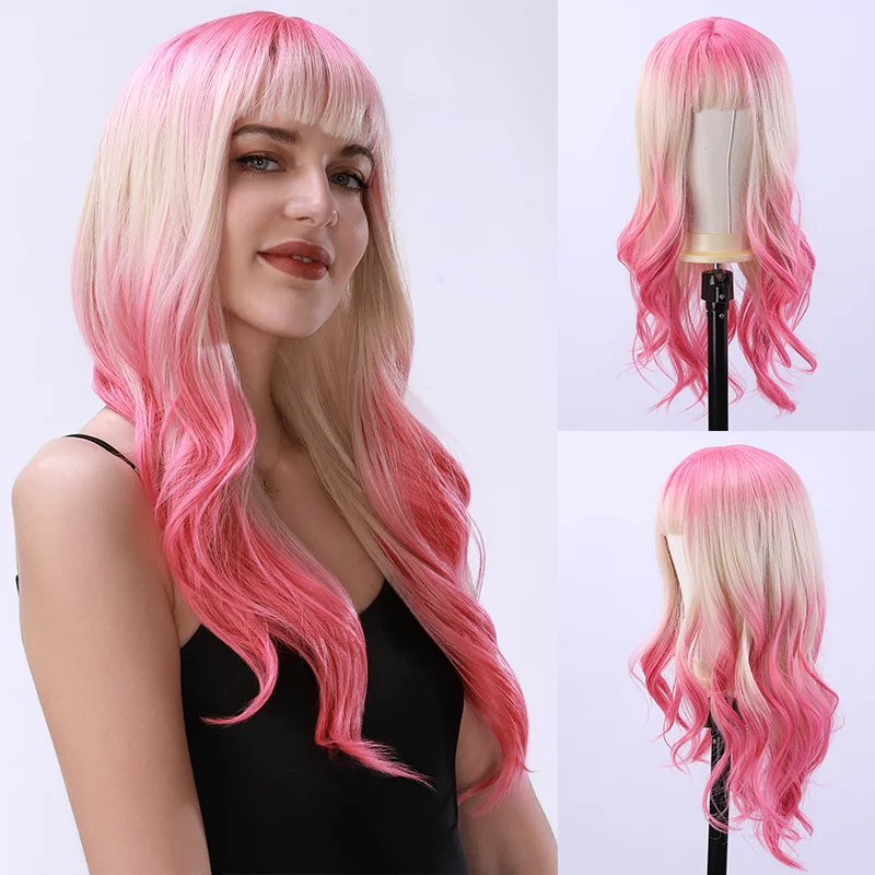 

Розовый, белый женский парик с челкой - синтетические натуральные вьющиеся волосы, модные темпераментные женские прически, подходящие для повседневной носки