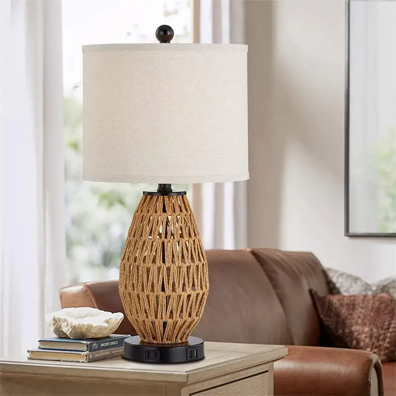 

American retro LED bedside table lamp hemp rope handmade cloth cover table lamp woven touch lamp bedroom decoration small table
