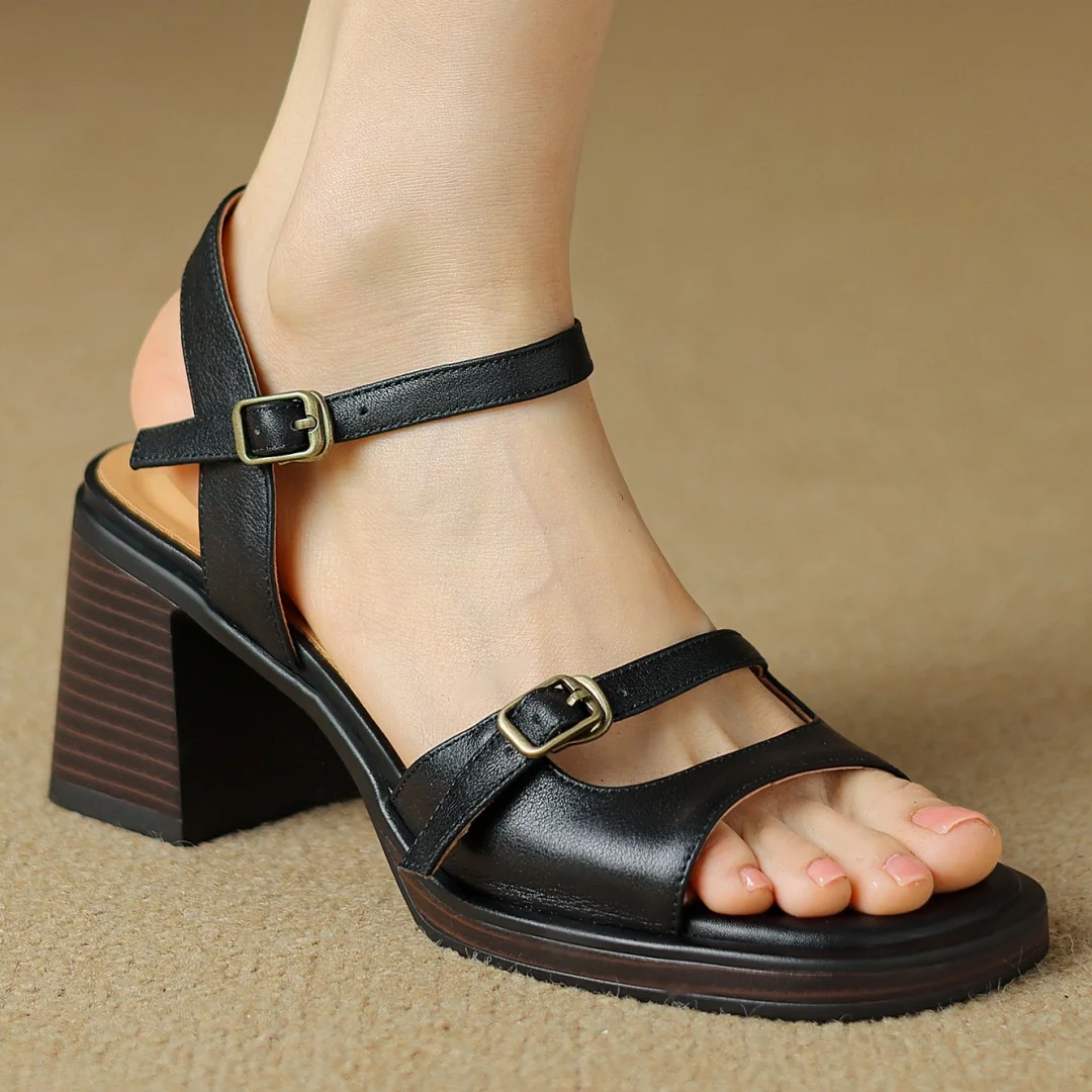 

2024 Summer new women's cow leather chunky heel open toe sandals OL style elegant ladies ankle strap daily dress pumps shoes hot