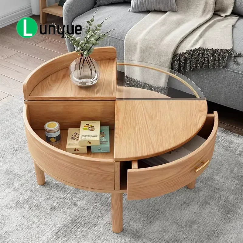Solid Wood Round Coffee Table with Glass Top Segmented Storage Design Luxury Living Room Furniture Modern Home Decor Accent