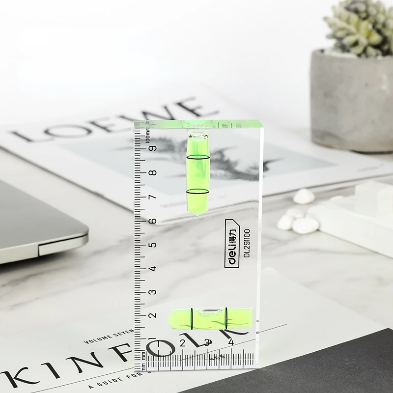 Deli 1 Pcs 100mm Transparent Level Ruler Acrylic 1mm/m High Precision 2 Horizontal Bubbles Design Multifunction Measuring Tool