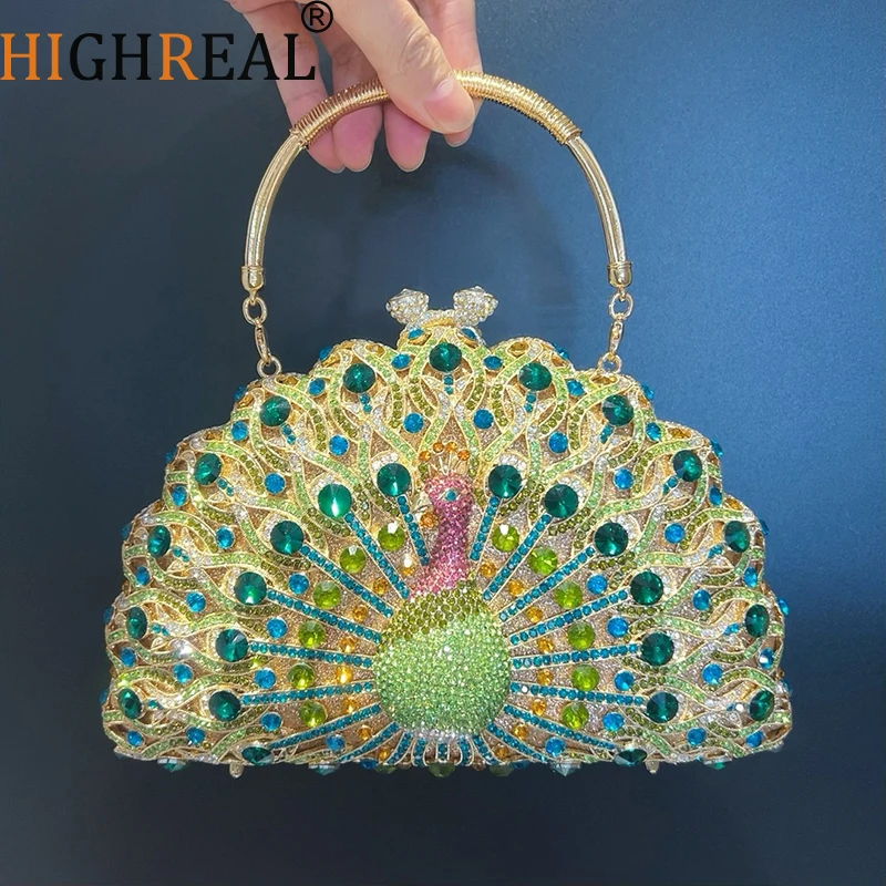 

Gorgeous Peacock Crystal Evening Bags Women Sparkling Classy Half Round Diamond Purses And Handbags Wedding Party