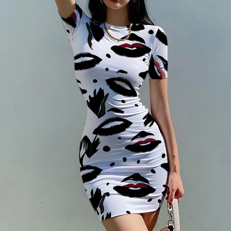 Summer new ladies slim dress lips 3D printed lady dress sexy style ladies slim dress fashion trend ladies slim dress