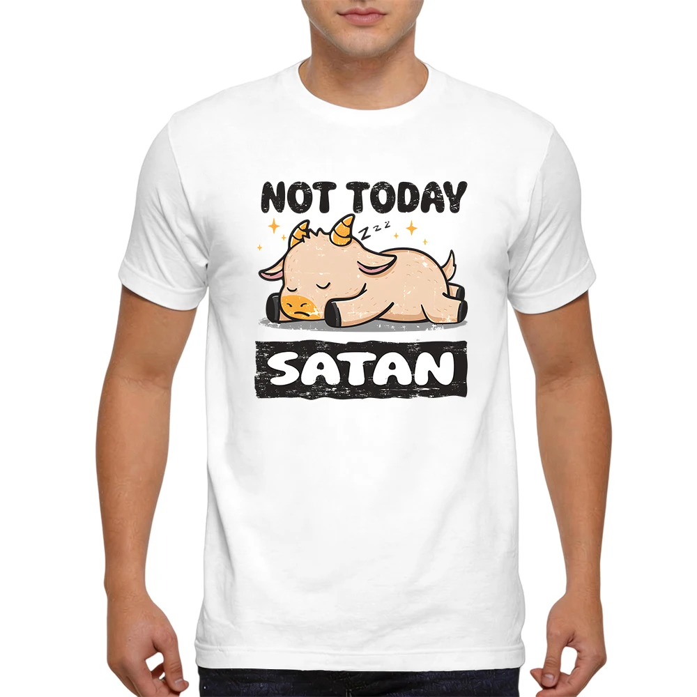 Mens 100% Cotton Short Sleeve T Shirt Sleepy Lazy Goat Not Today Satan Vintage Distressed Cartoon Graphic Print Daily Tees