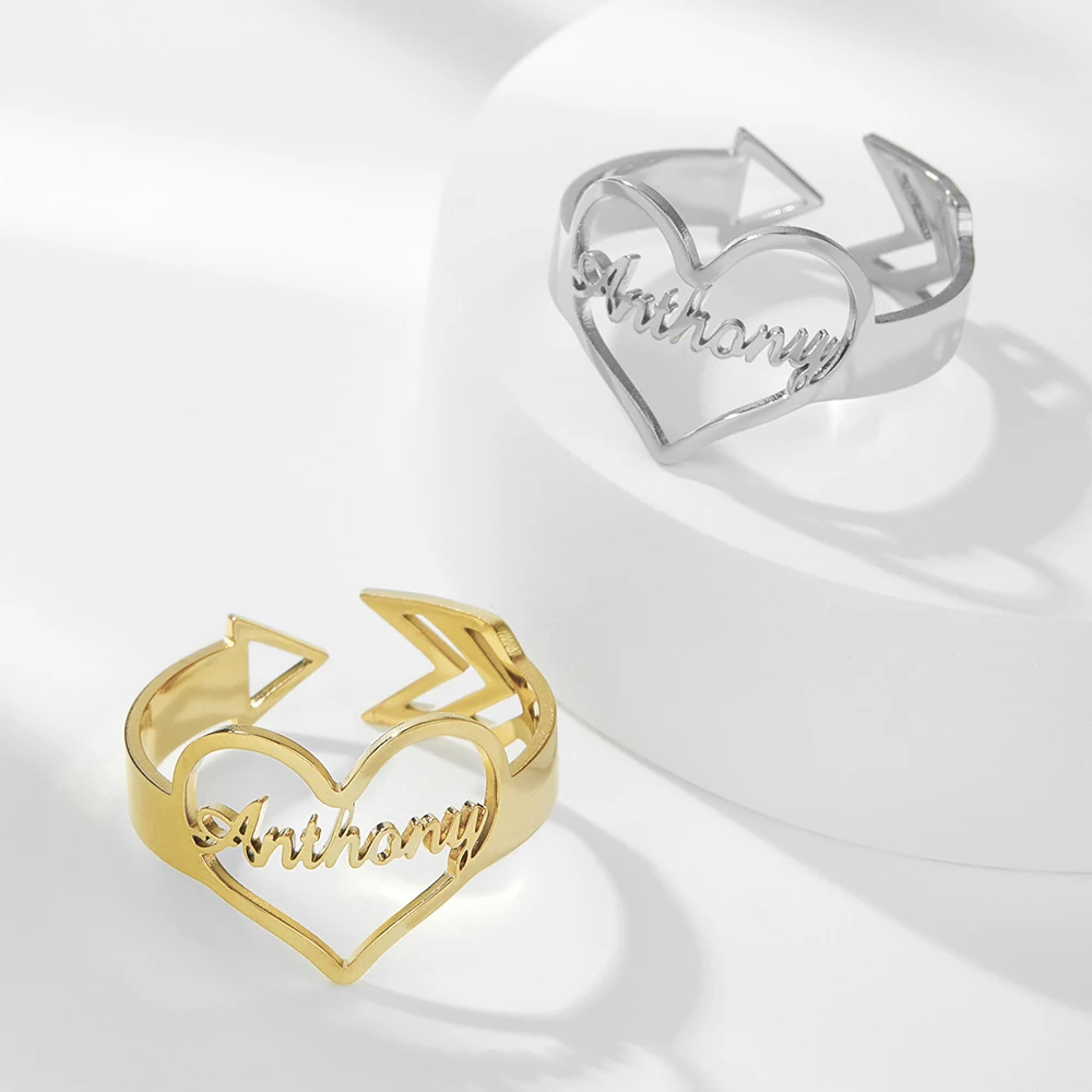 Sipuris Damenringe, Herzform, Edelstahl, personalisierbarer Namensring, trendige, verstellbare Öffnung, modischer Schmuck, Geschenke für Frauen 2024 – Detail 8