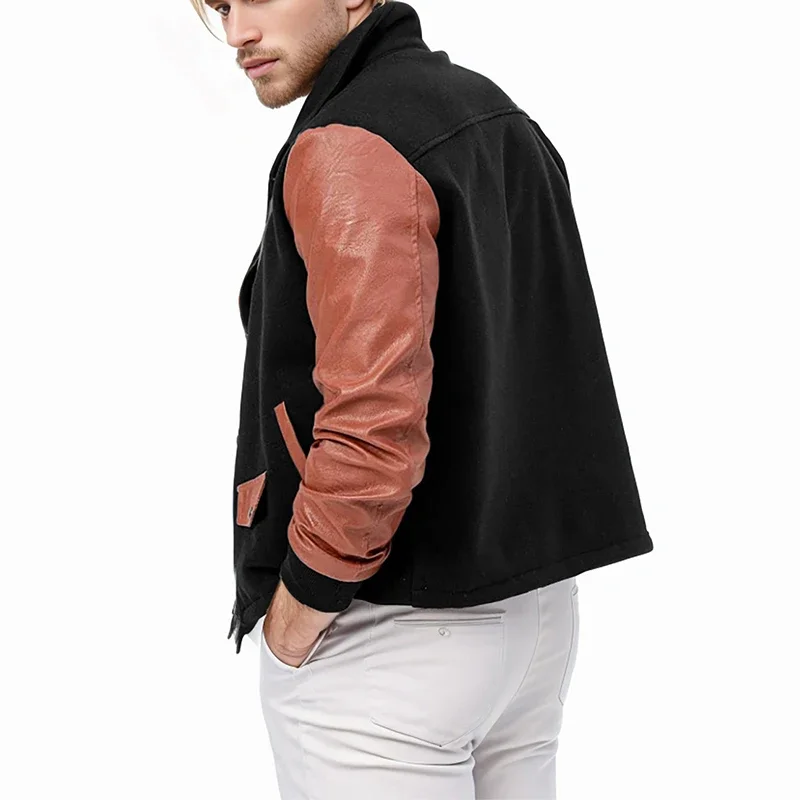 Vintage Patchwork PU Leather Long Sleeve Jacket Men Fall Streetwear Fashion Zip-up Lapel Jackets Casual Mens Slim Fit Outerwear