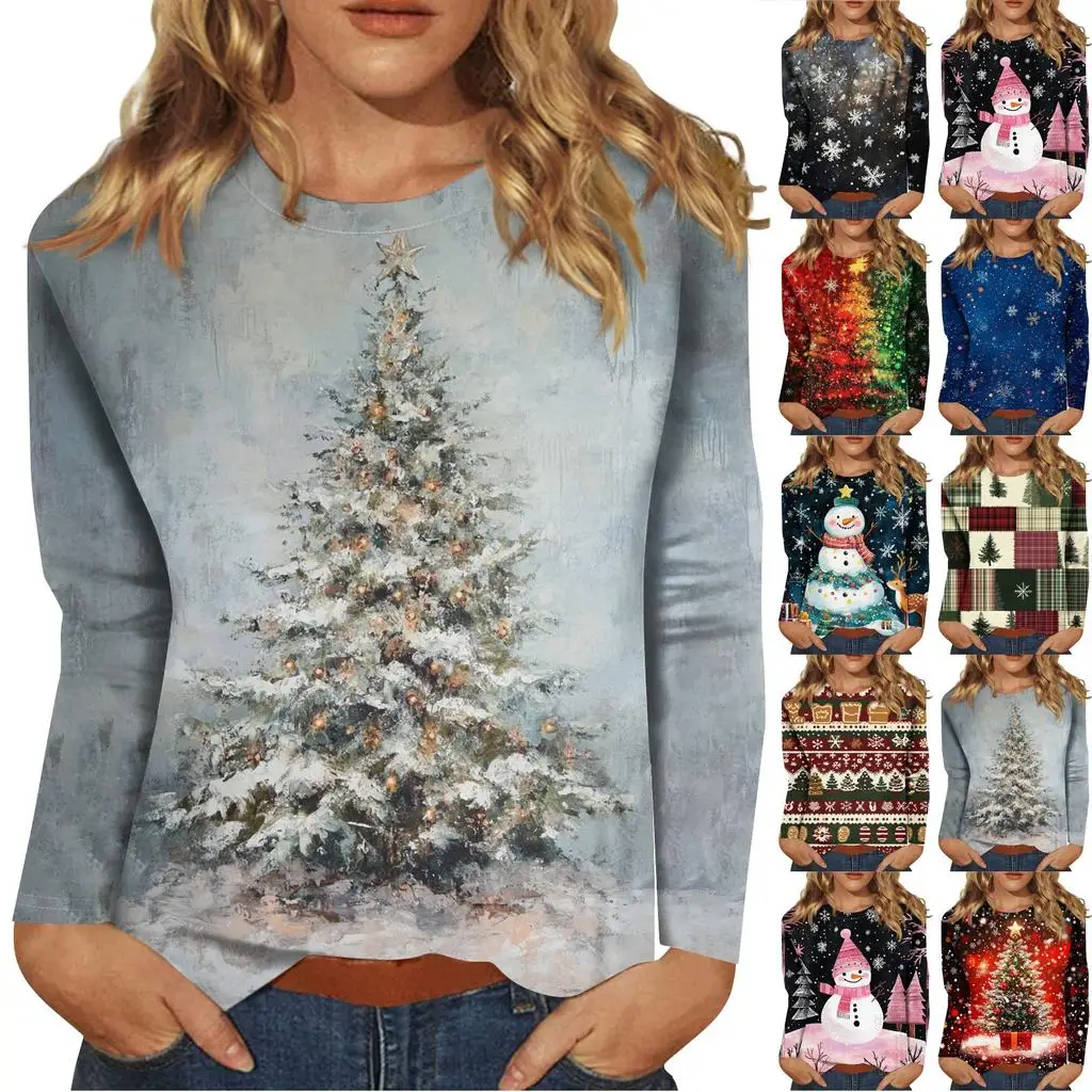 Christmas Women Sweatshirt Designer Round Neck Long Sleeve Loose Casual Autumn Christmas Tree Cat Fun Graphic Print Top