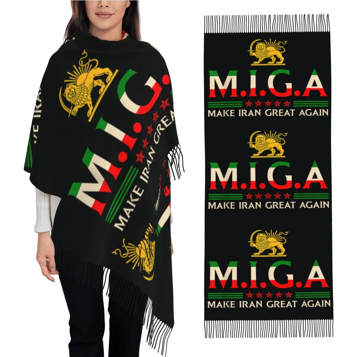 

Iranian Shirt Make Iran Great Again Emblem Of Iran MIGA Scarf Men Women Headwear Scarves with Long Tassel Shawls Wrpas Bufanda
