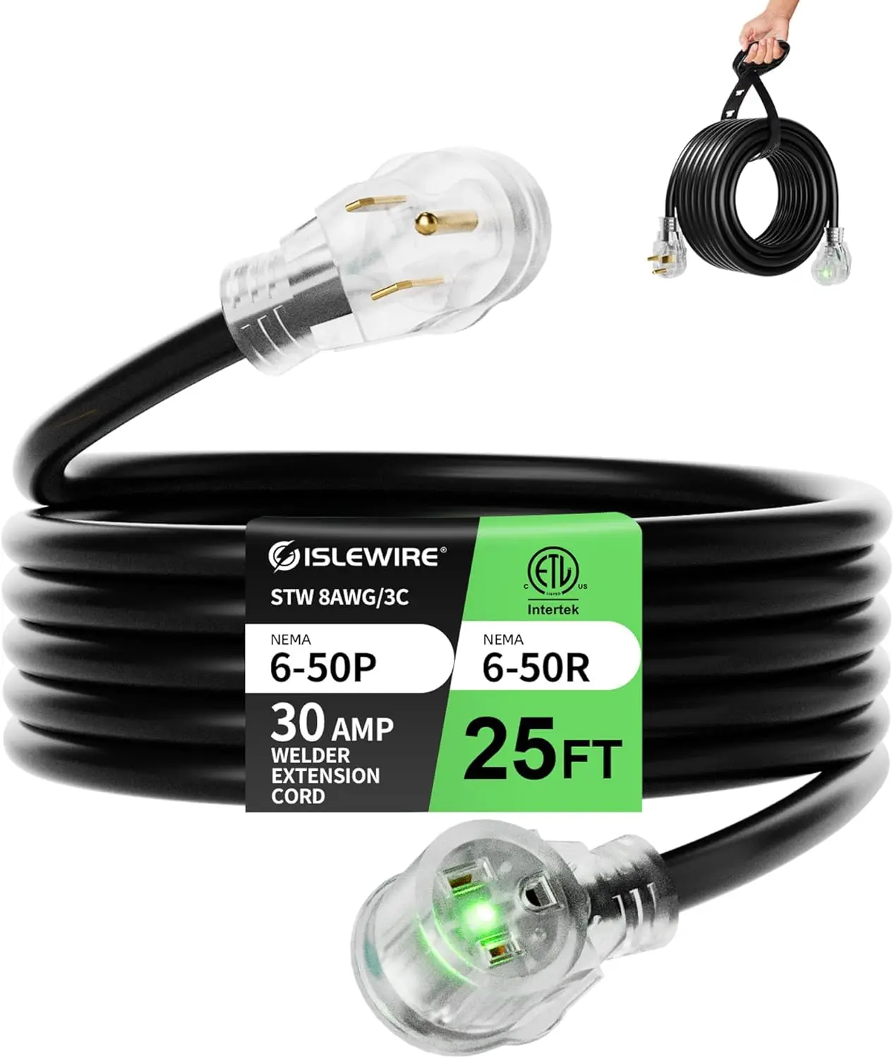 

Удлинитель сварочного аппарата длиной 25 футов, 8 AWG, 30 А NEMA от 6-50P до 6-50R, светодиодный индикатор, внесен в список ETL, для тяжелого использования на открытом воздухе