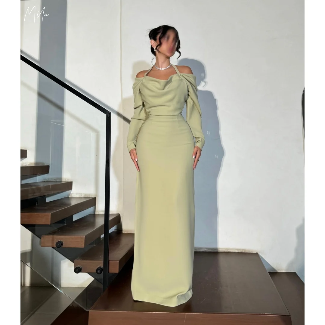 

Mila Light Olive Green Off-Shoulder Halter Gown Prom Dresses Long Sleeve Bodycon Customized Formal Evening Maxi vestidos de gala