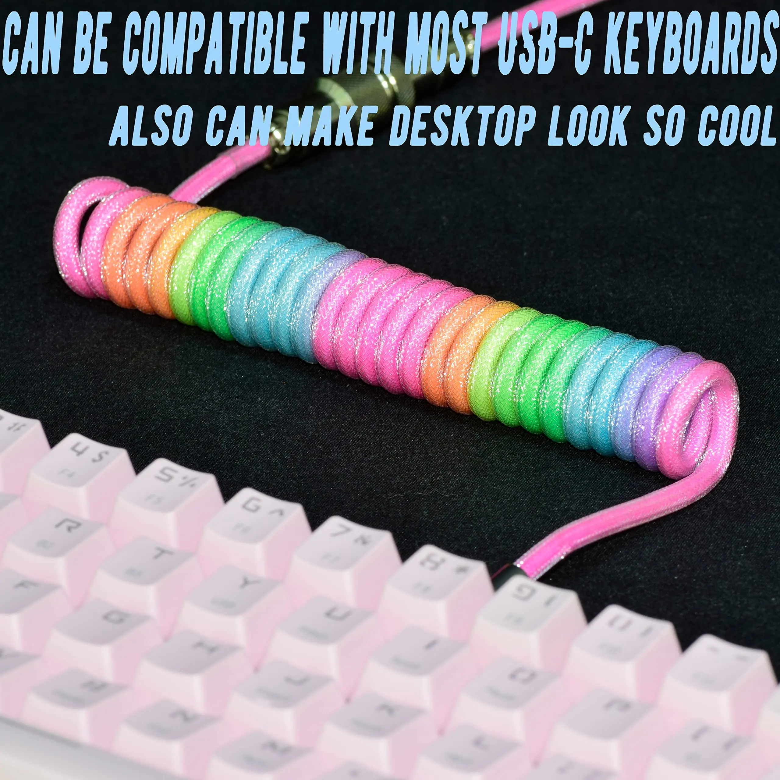 Cables de teclado tipo C a USB A, cable brillante RGB, cable en espiral de 3m con conector de aviador desmontable, para teclado y tableta para juegos
