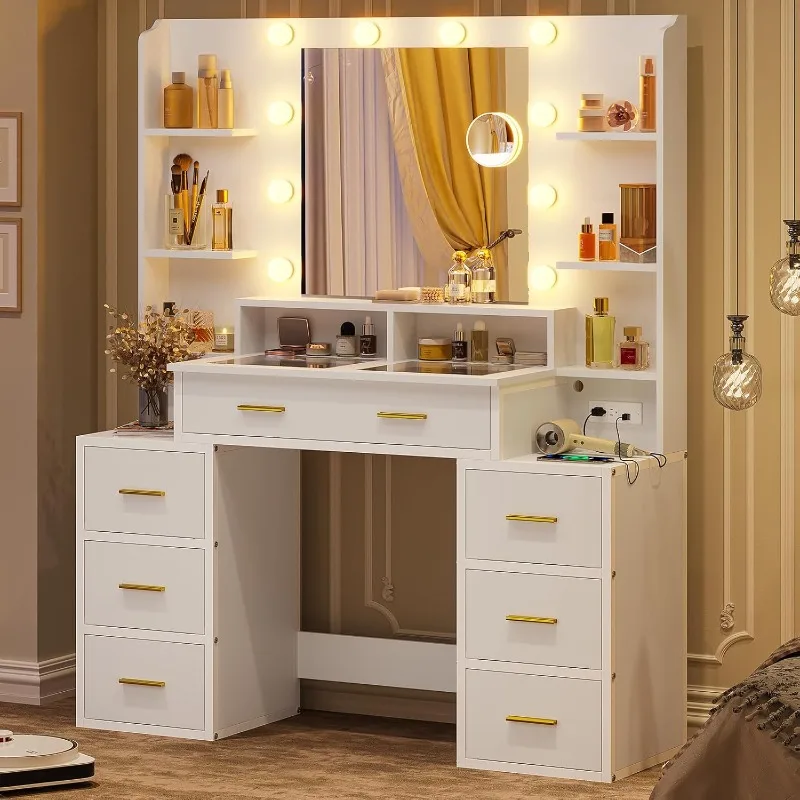 

Glass Top Makeup Vanity Table with 10x Magnifying Mirror, Vanity Desk with Mirror and Lights & Charging Station