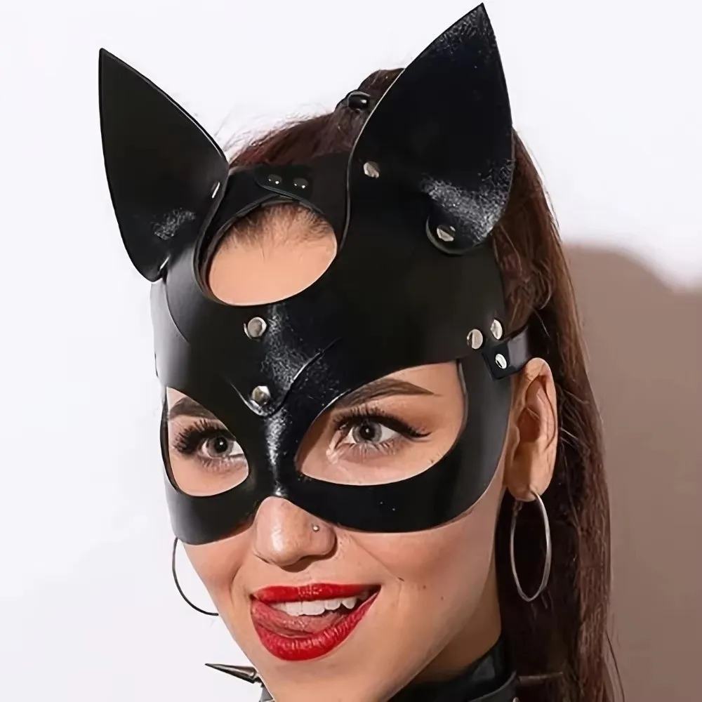 Sexy Synthetic Leather Cat Mask Black Color Design Half Face Mask Chain Harness 1 Piece Cosplay Mask Cosplay Party