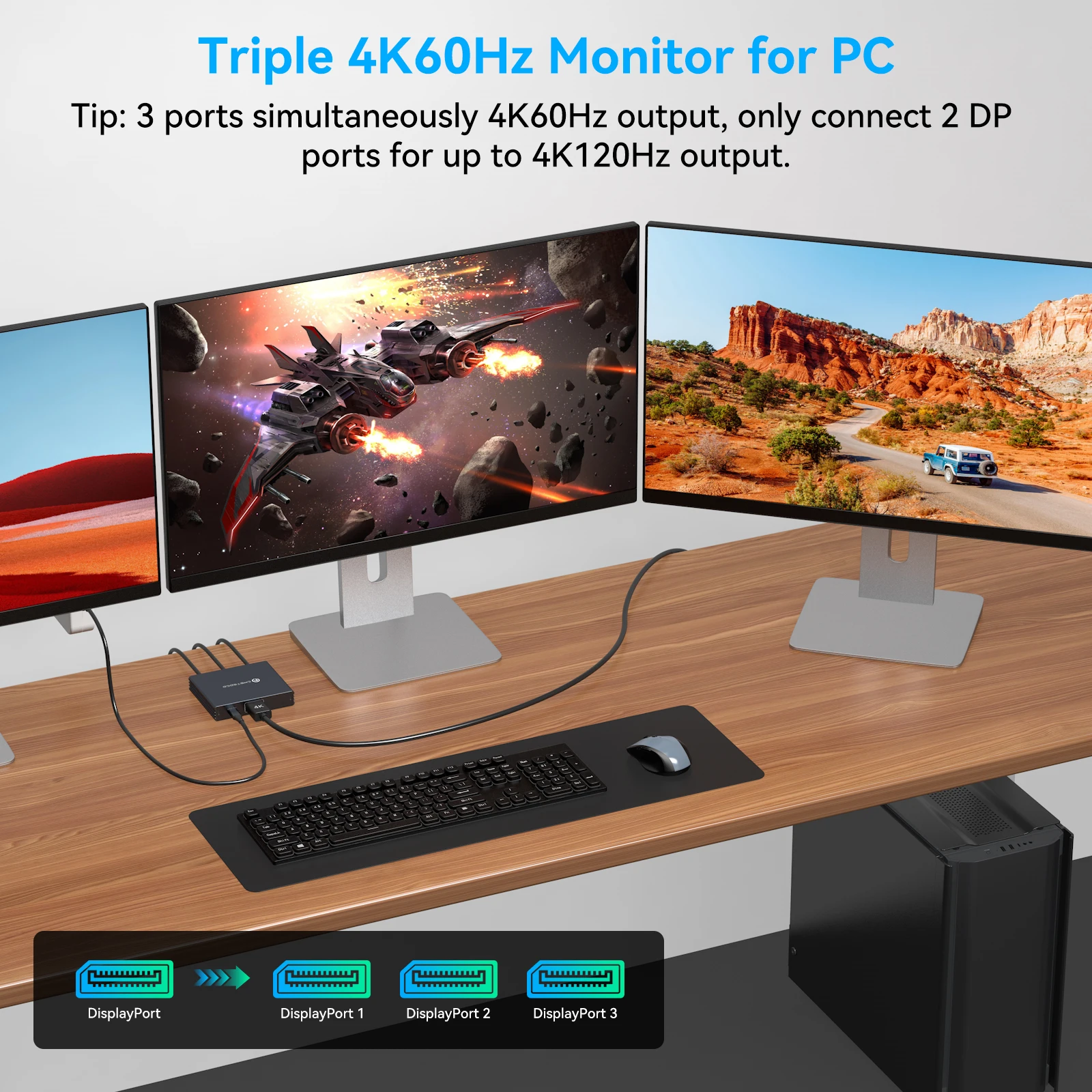 Divisor DisplayPort para adaptador de triple monitor Divisor DisplayPort 4K@60Hz 1 en 3 salidas para 3 monitores Soporte HDMI Modo extendido