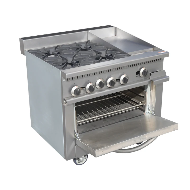 Full range of commercial kitchen appliances - free-standing stainless steel gas cooker with oven and grill