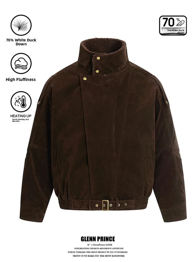 

Retro Suede Du down Jaet Men's Autumn Winter Faionable Workwear Coat with Fur Collar Asymmetrical Zipper Closure Warmth