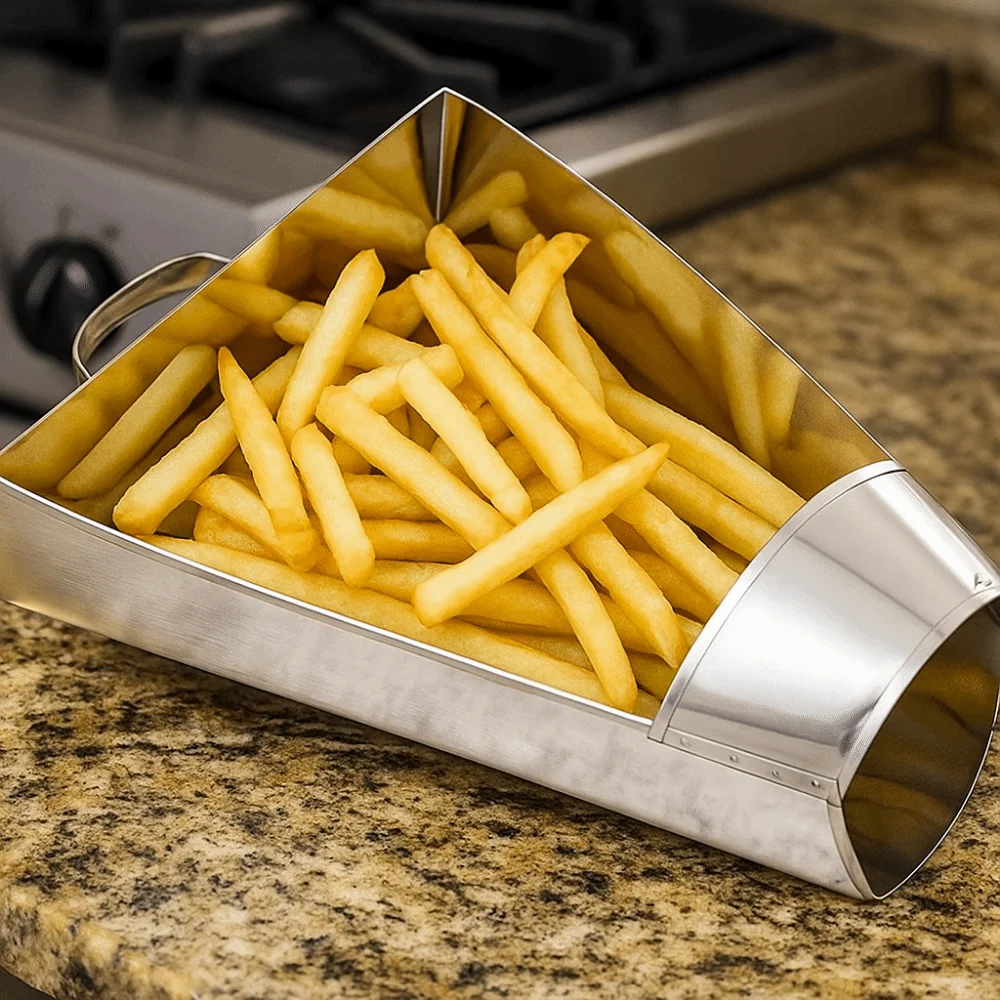 

Stainless Steel French Fry Scoop Cooking Tools with Handle Funnel Triangle Bucket Durable Safe Food Shovels