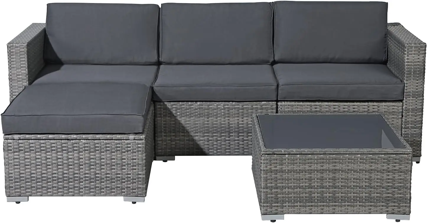 5 Piece Outdoor Patio Furniture Set, Outdoor Sectional Conversation Set, All-Weather Grey PE Wicker w/Dark Grey Cushions