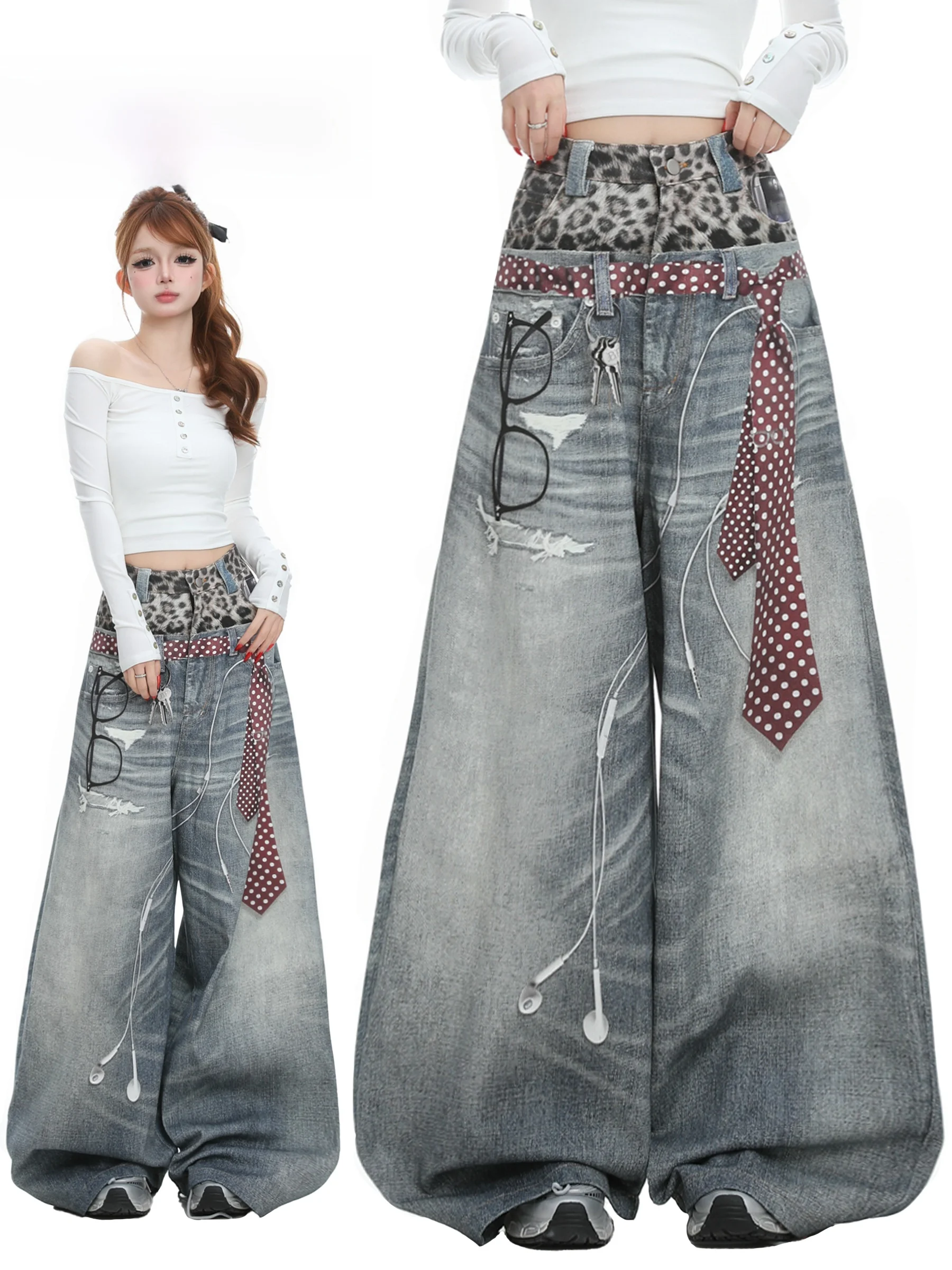 

BASTERDS American Retro Print Curved Knife Wide Leg Jeans Women Spring Loose Fit High Waist Digital Printing Cotton Denim