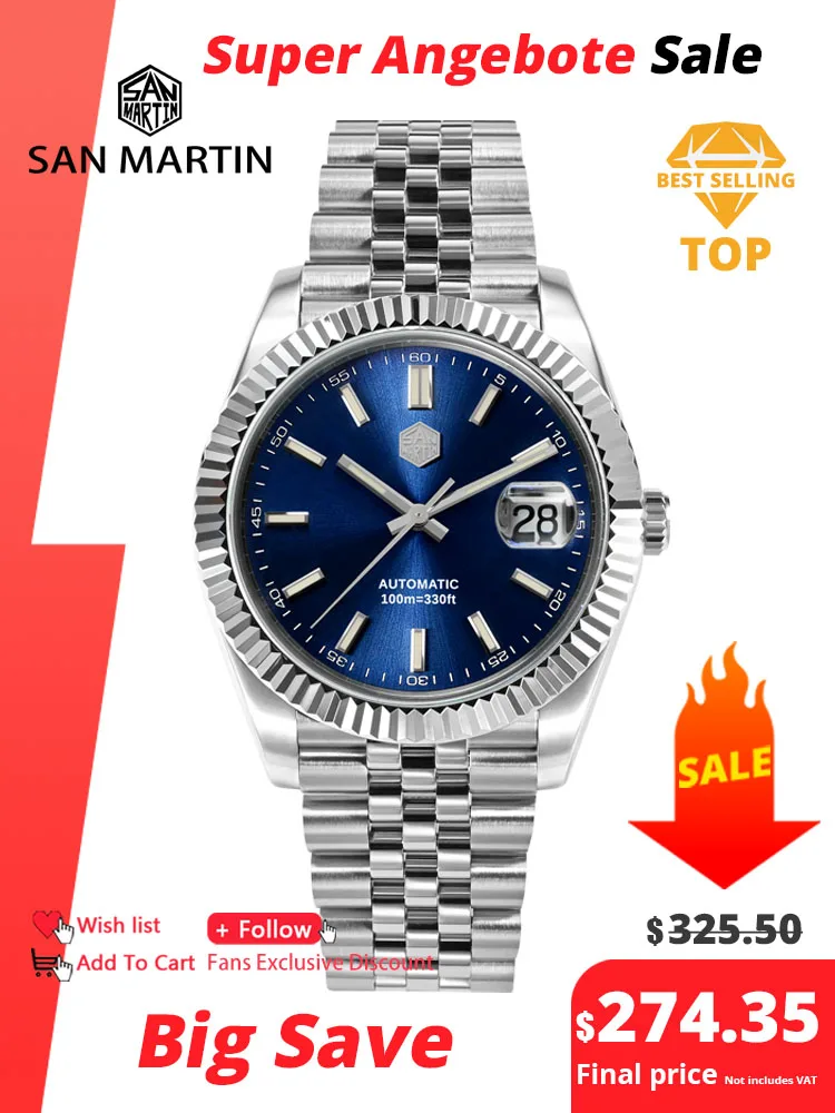 San Martin Men Dress Watch 40mm Classic Luxury PT5000 SW200 Automatic Mechanical Fashion Business Wristwatch Sapphire 10 ATM