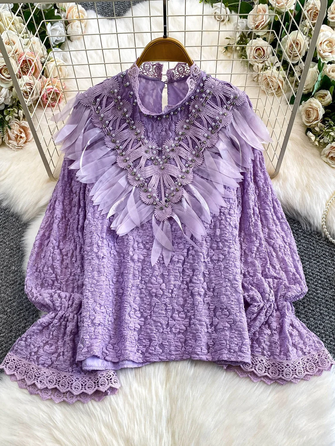 

Ele круглая блузка с кружевной вставкой, женская блузка премиум-класса Agel Heavy Diamond Embellied в стиле пэчворк, корейская одежда для поездок на работу