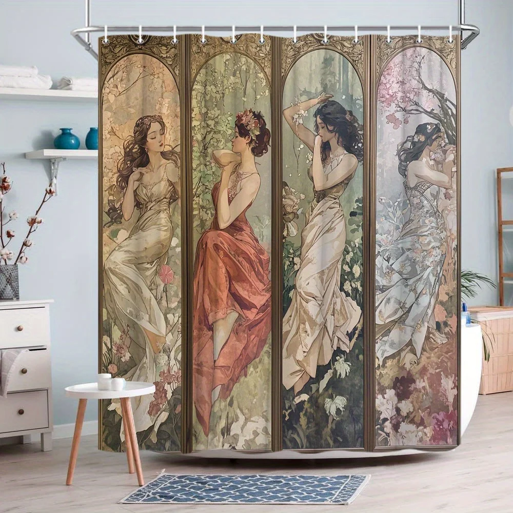 

Vintage Mucha Style Shower Curtain Art Nouveau Floral Fabric Bathroom Curtains Retro Girl Bath Screen Divider Home Decor With