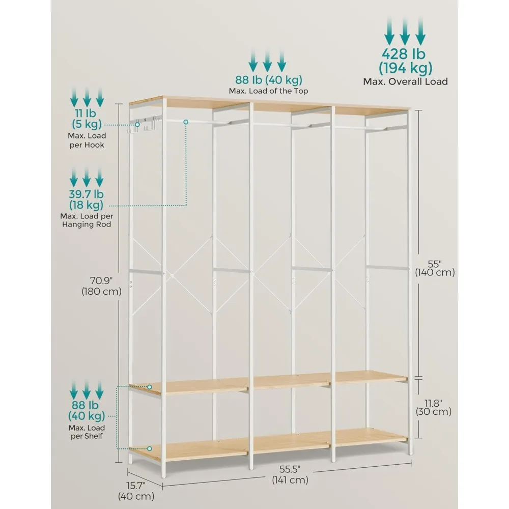 رف ملابس من الحديد والخشب عالي التحمل مع قضبان تعليق ومنظم أرفف خزانة قابل للإزالة لتخزين خزانة الملابس