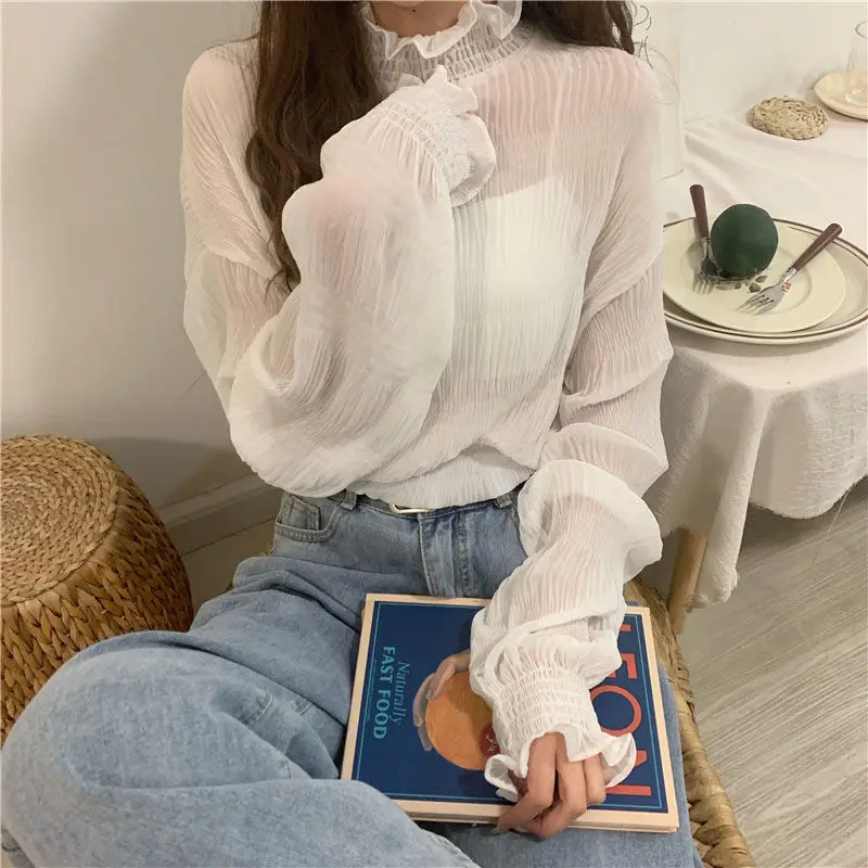 Basic Solid Color Fashion Shirring Shirt Folds Turtleneck Autumn Winter Thin Long Sleeve Women\'s Clothing Korean Sweet Blouse